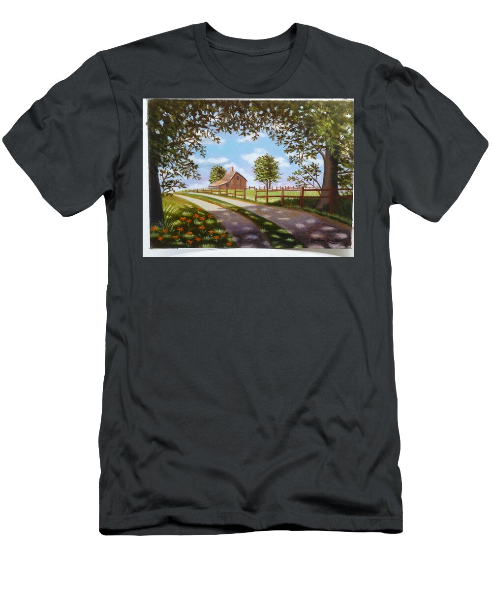 Farmhouse T-Shirt featuring the painting Farmhouse Framed By Trees by Madeline Lovallo