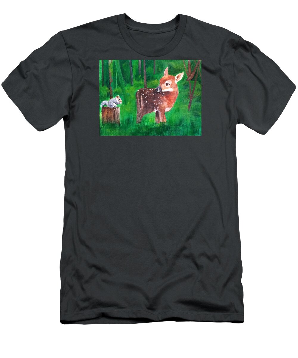 Fawn T-Shirt featuring the painting Fawn with squirrel by Ellen Canfield