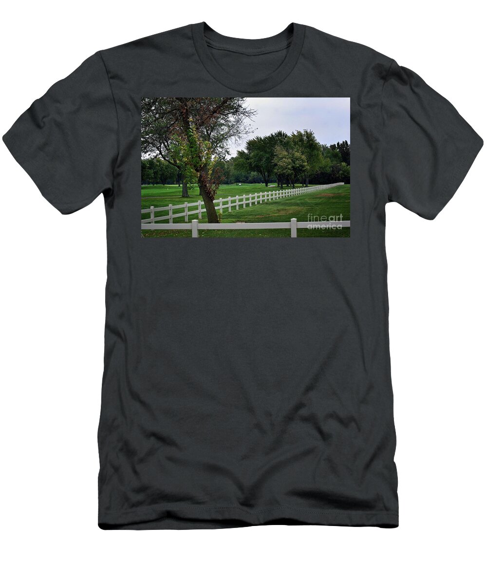 Frank J Casella T-Shirt featuring the photograph Fence on the Wooded Green by Frank J Casella