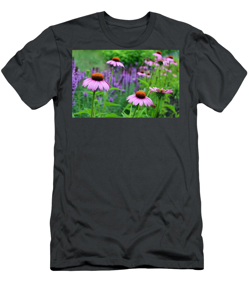 Photograph T-Shirt featuring the photograph Field of Purple Cone Flowers and Blazing Star Flowers by M E