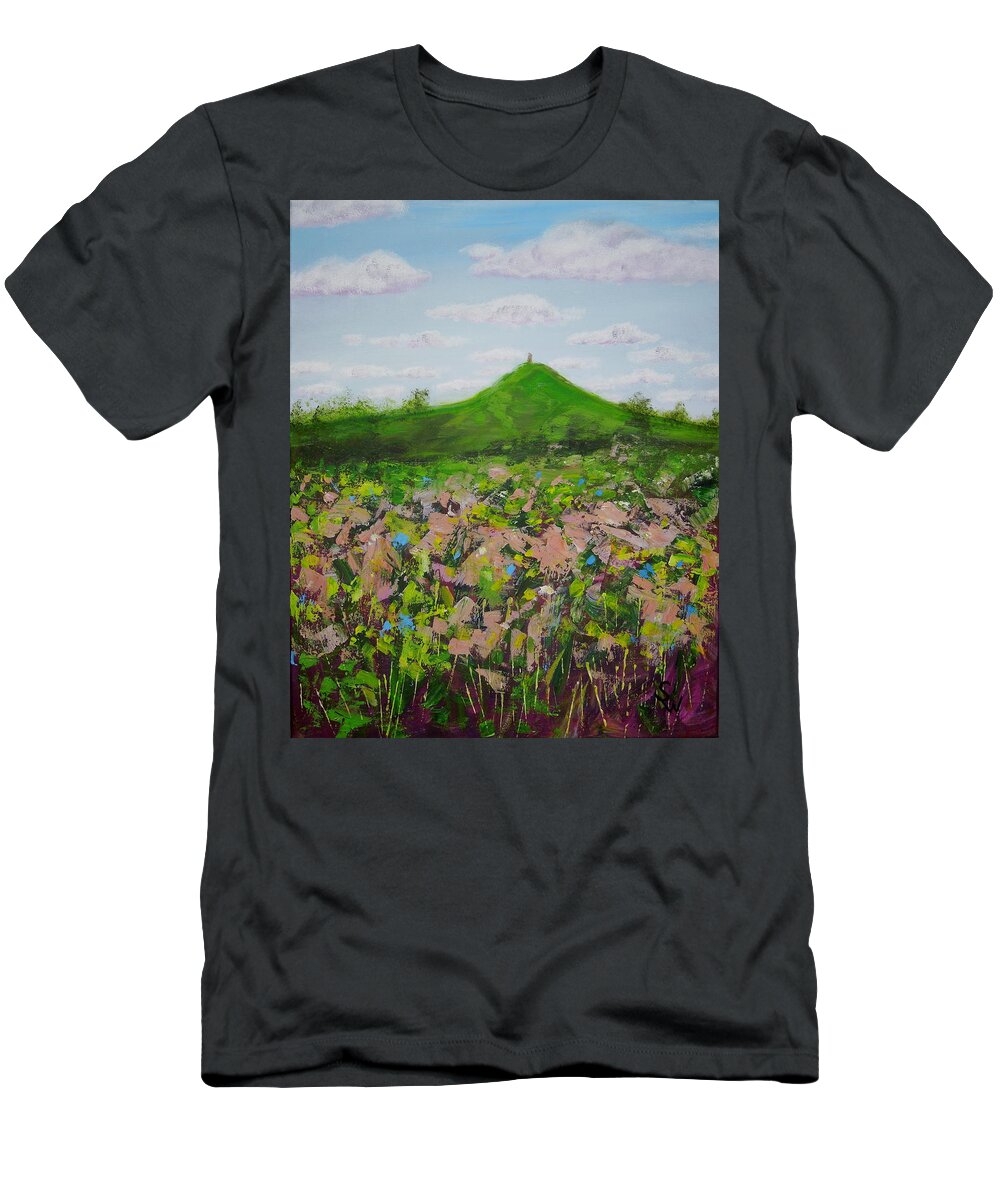 Art T-Shirt featuring the painting Fields to Glastonbury Tor by Shirley Wellstead