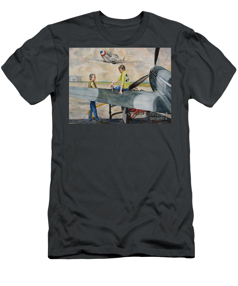 Airplane T-Shirt featuring the painting Fighter Dreams by Sonja Englert