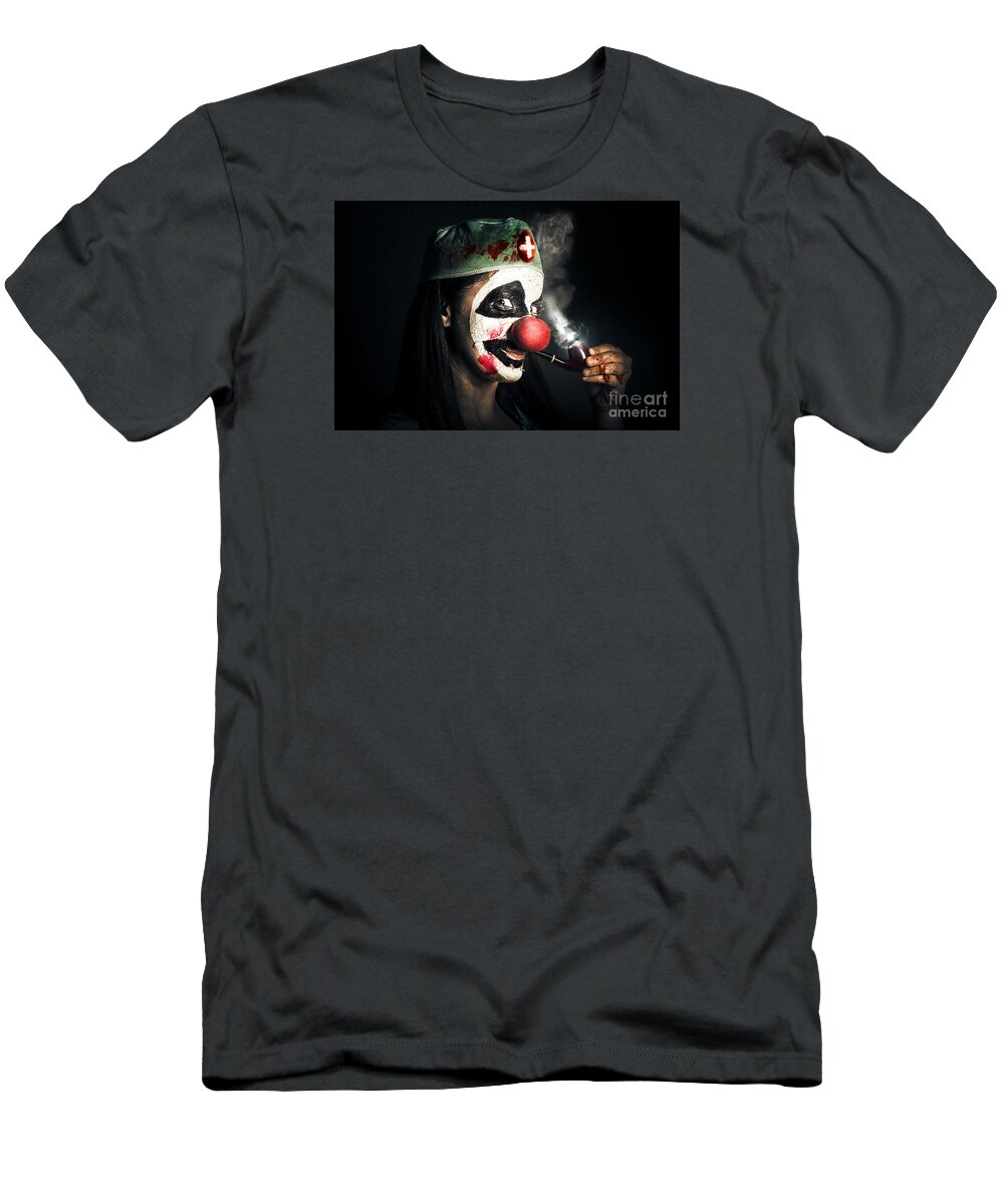 Clown T-Shirt featuring the photograph Fine art horror portrait. Smoking surgeon clown by Jorgo Photography