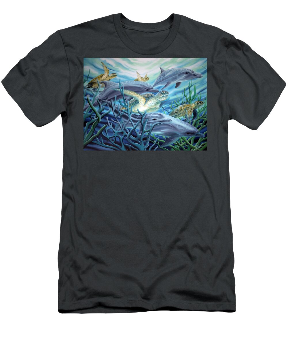 Sea Turtle T-Shirt featuring the painting Fins and Flippers by William Love