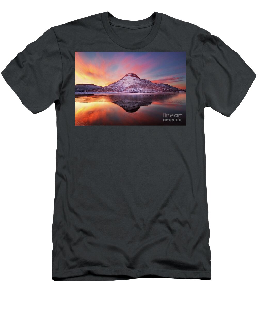 Flatiron Reservoir T-Shirt featuring the photograph Fire and Ice - Flatiron Reservoir, Loveland Colorado by Ronda Kimbrow