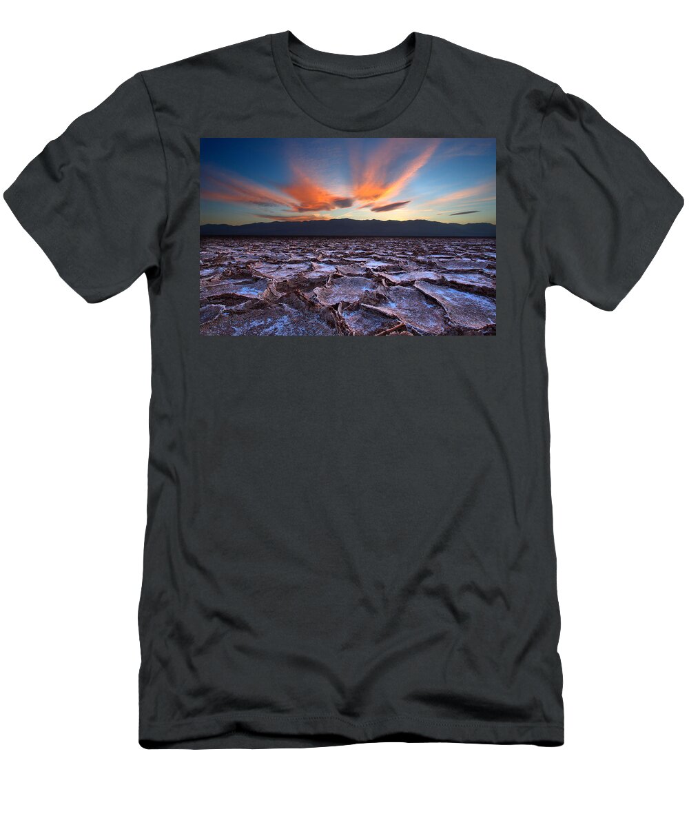 Badwater; Below Sea Level; Death Valley; Landscape; Minus 282; Mud; National Park; Ridges; Salt; Salt Pan; Sunset; T-Shirt featuring the photograph Fire in the Sky and Embers Down Below by David Andersen