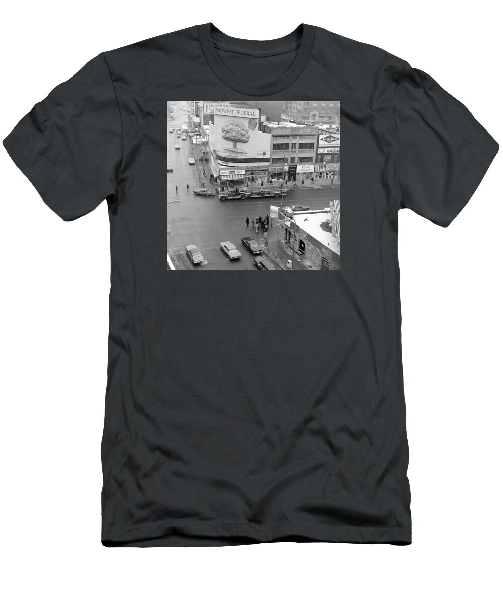 Downtown Minneapolis T-Shirt featuring the photograph Firetruck heads down Hennepin by Mike Evangelist