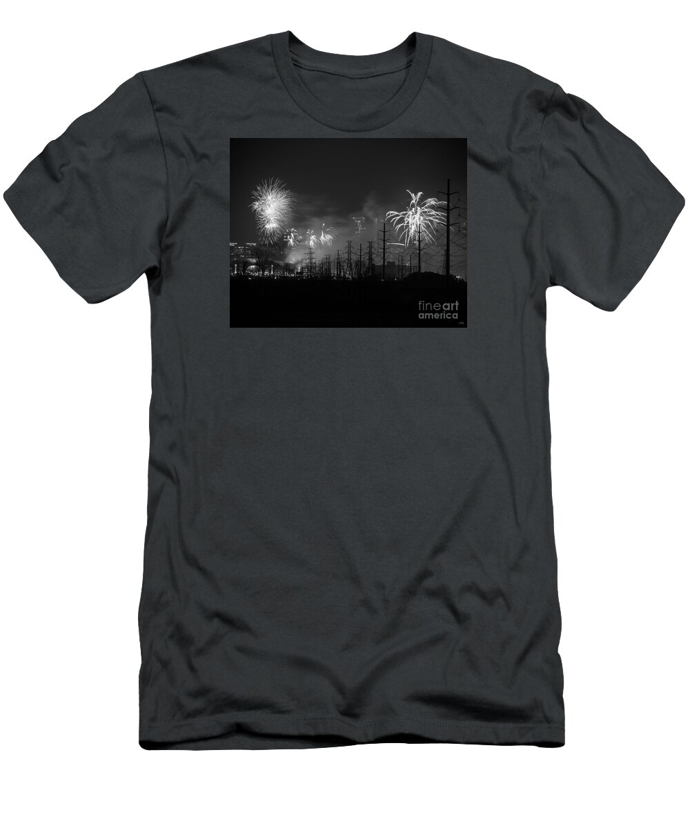 Fireworks In Black And White T-Shirt featuring the photograph Fireworks in Black and White by Imagery by Charly