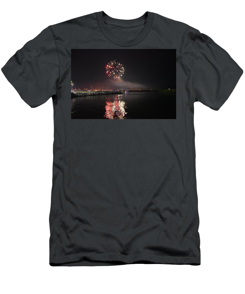 Fireworks T-Shirt featuring the photograph Fireworks Over Water 2 by Vicki Lewis