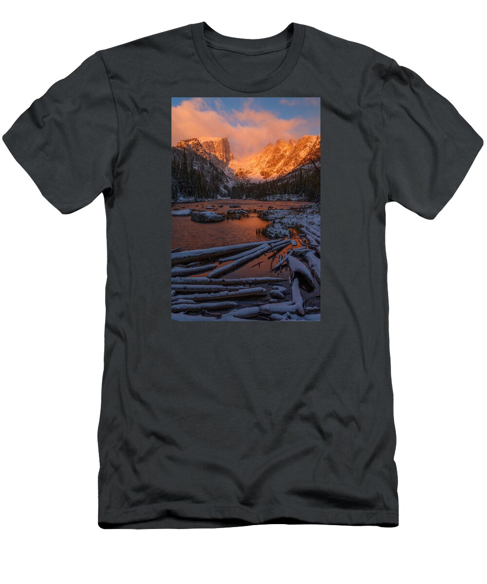 Colorado T-Shirt featuring the photograph First Snow at Dream Lake by Dustin LeFevre