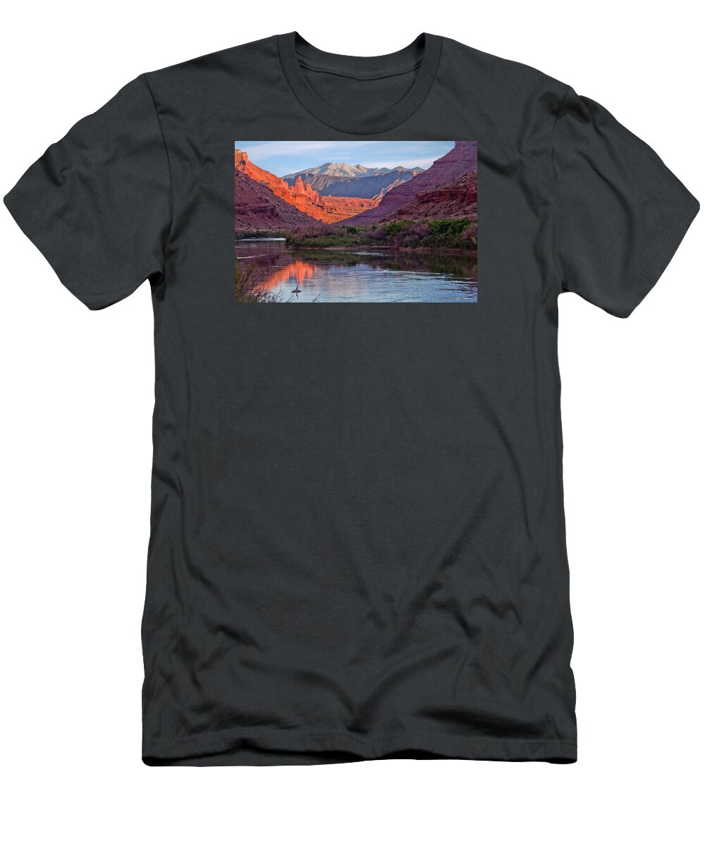 Moab T-Shirt featuring the photograph Fisher Towers Sunset Reflection by Dan Norris