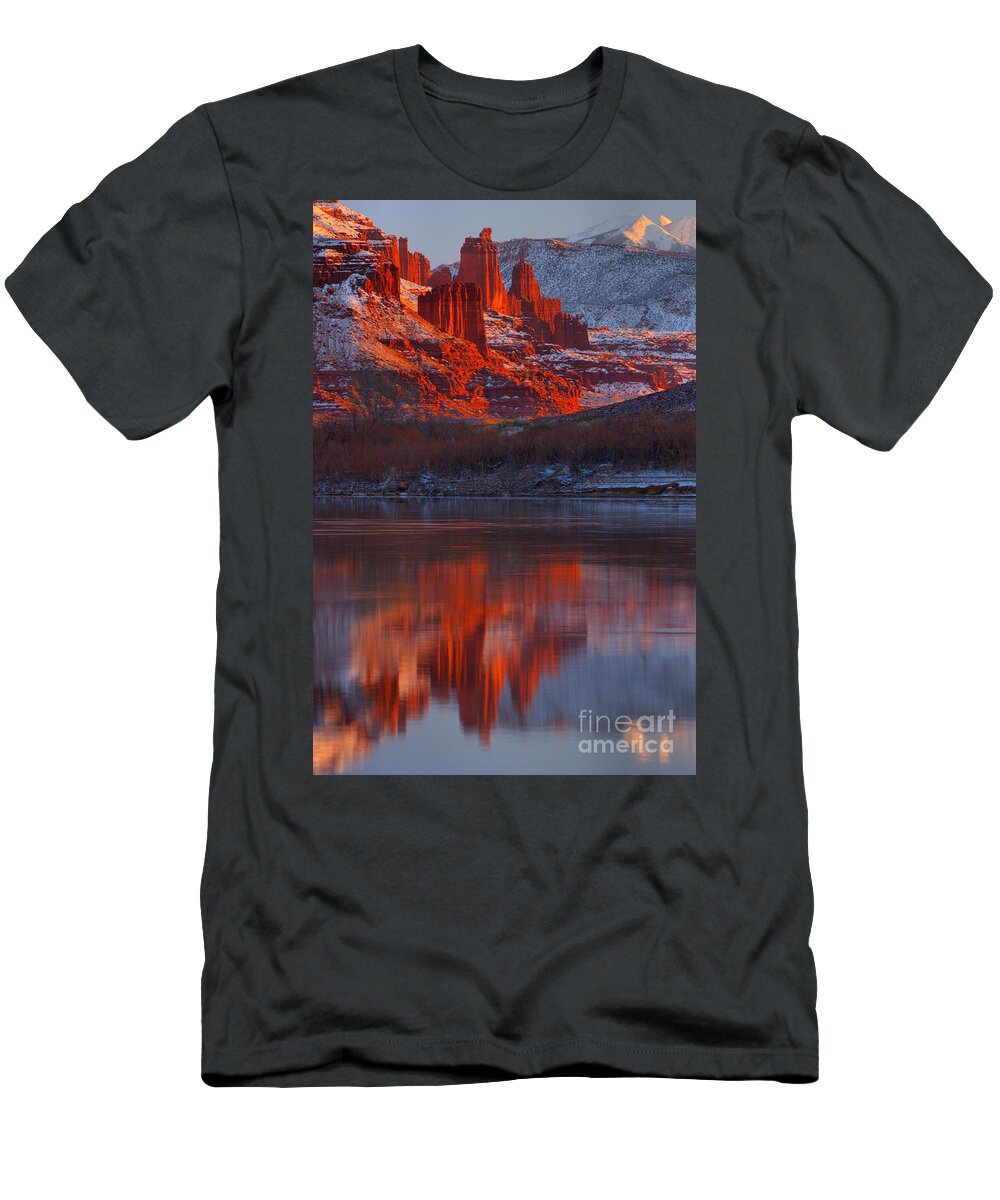 Fisher Towers T-Shirt featuring the photograph Fisher Towers Winter Sunset by Adam Jewell