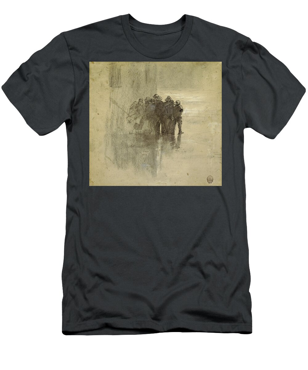 Winslow Homer T-Shirt featuring the drawing Fishermen in Oilskins, Cullercoats, England, 1881 by Winslow Homer