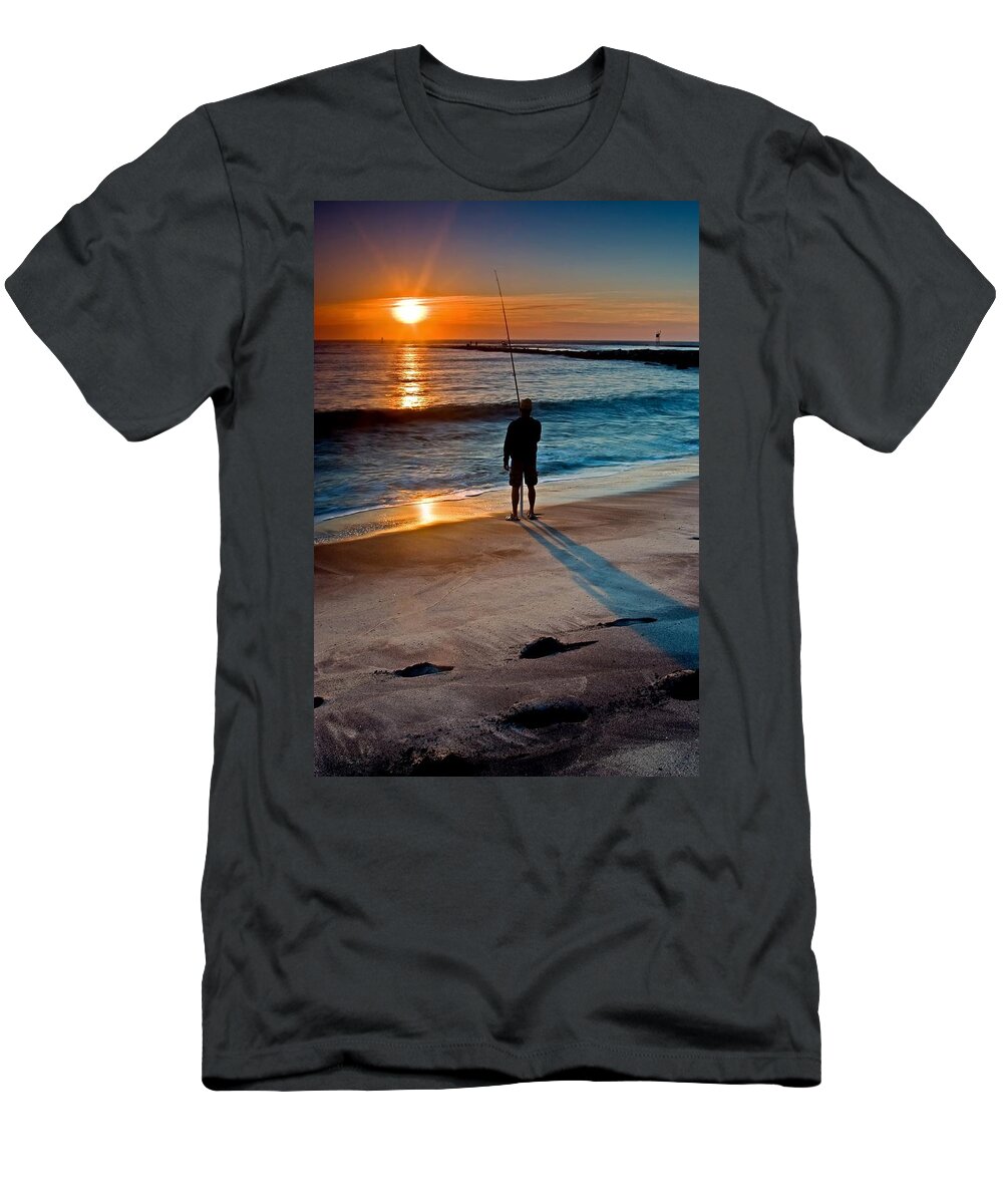 Dawn T-Shirt featuring the photograph Fishing at dawn on the Indian River inlet by Bill Jonscher