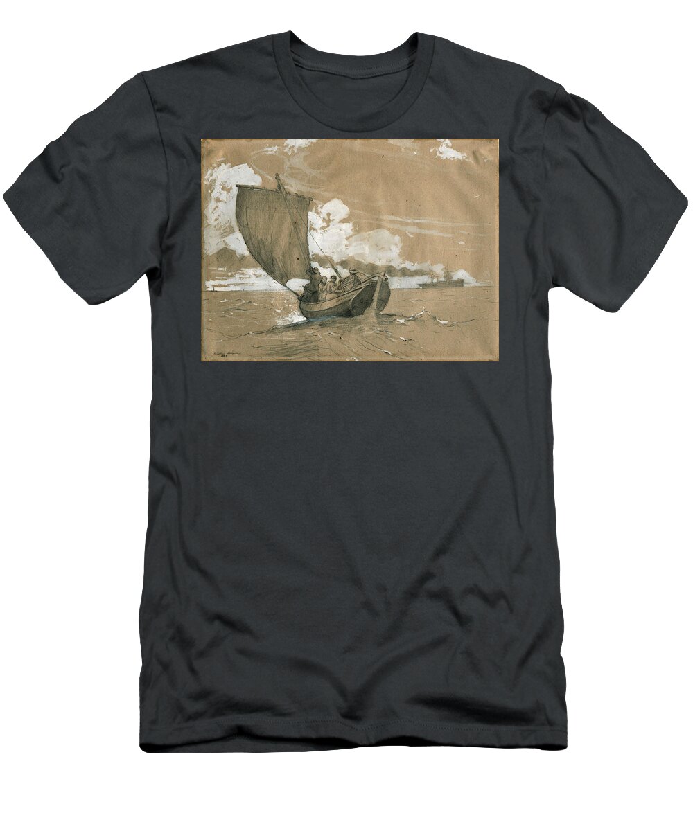 Winslow Homer T-Shirt featuring the glass art Fishing off Scarborough by Winslow Homer