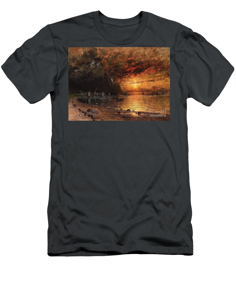 Adelsteen Normann T-Shirt featuring the painting Fjord Landscape with Midnight Sun by Celestial Images
