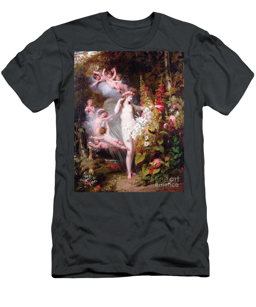 Goddess Of Flowers T-Shirt featuring the painting Flora unveiled by Zephyrs by Richard Westall