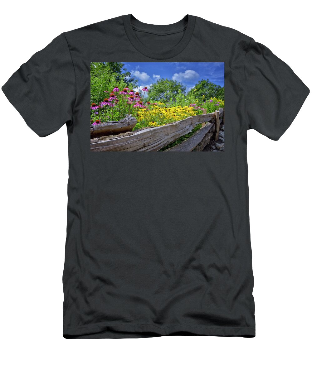 Flower T-Shirt featuring the photograph Flowers along a wooden fence by Steve Hurt