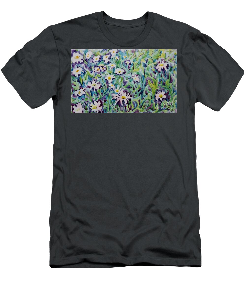 Watercolor T-Shirt featuring the painting Flowers of the 60's by Jan Bennicoff