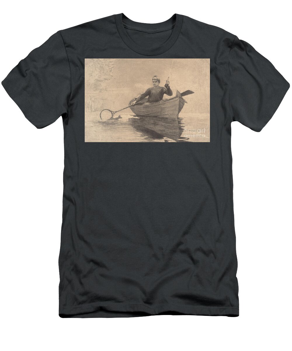 Fly Fishing T-Shirt featuring the drawing Fly Fishing, Saranac Lake, 1889 by Winslow Homer