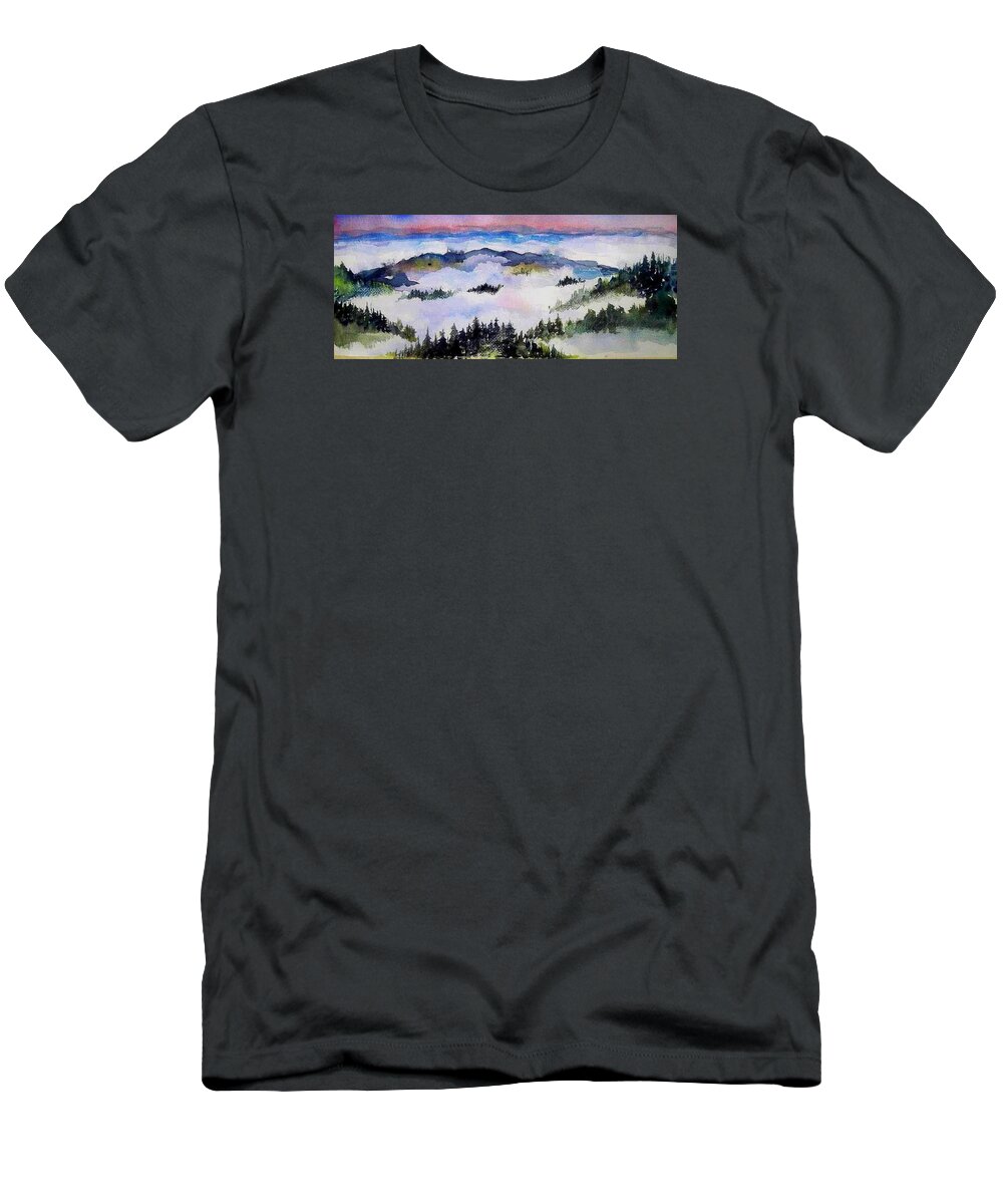 Fog In The Redwoods T-Shirt featuring the painting Fog Above by Esther Woods