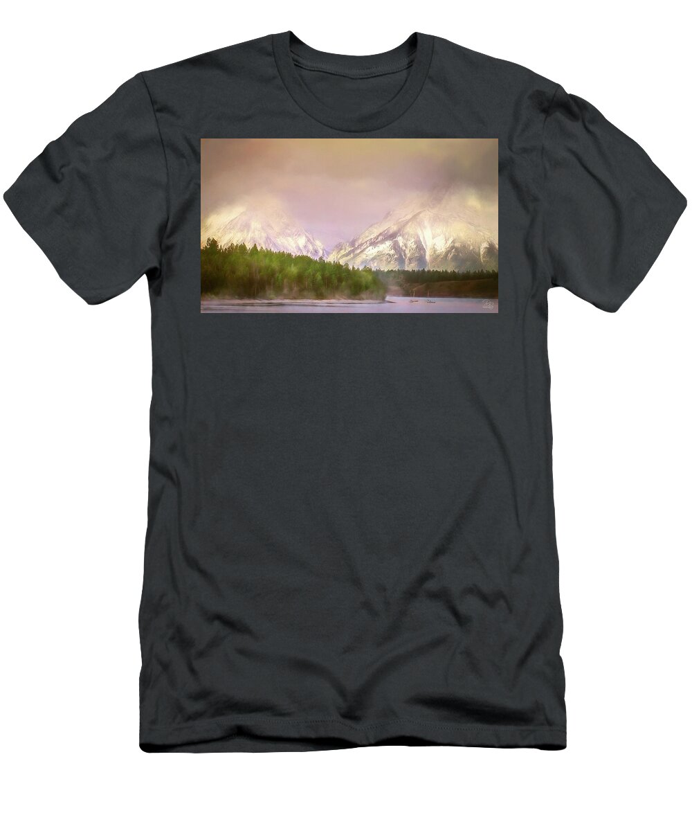 Grand Tetons T-Shirt featuring the photograph Fog on the Shoreline by Debra Boucher