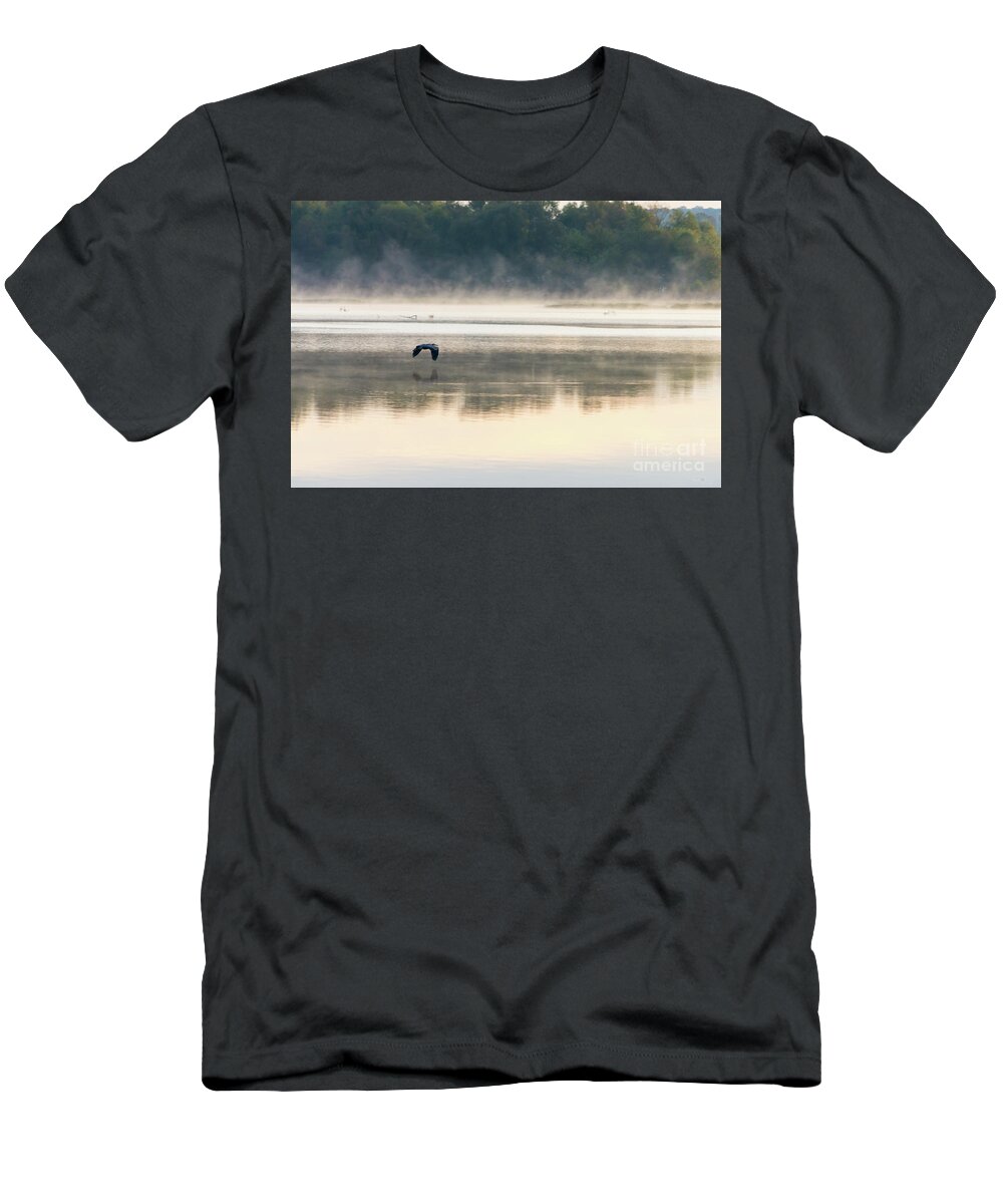 Great Blue Heron T-Shirt featuring the photograph Foggy Morning Flight by Jennifer White