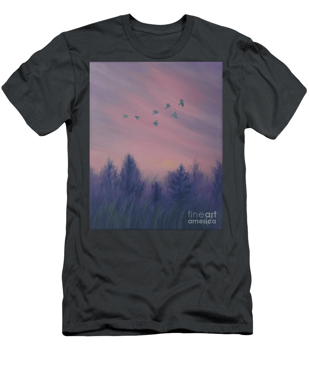 Spring T-Shirt featuring the mixed media Foggy Morning Sunrise on the Garden of the Gods by Yoonhee Ko