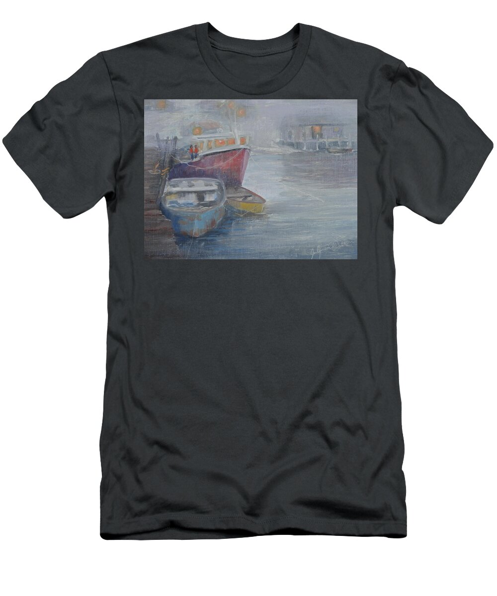 Fog T-Shirt featuring the painting Foggy Peggy's Cove by Judy Fischer Walton