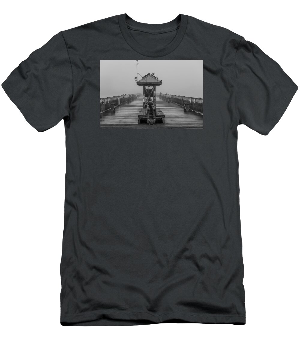 Charleston T-Shirt featuring the photograph Folly Beach Pier Black and White by John McGraw