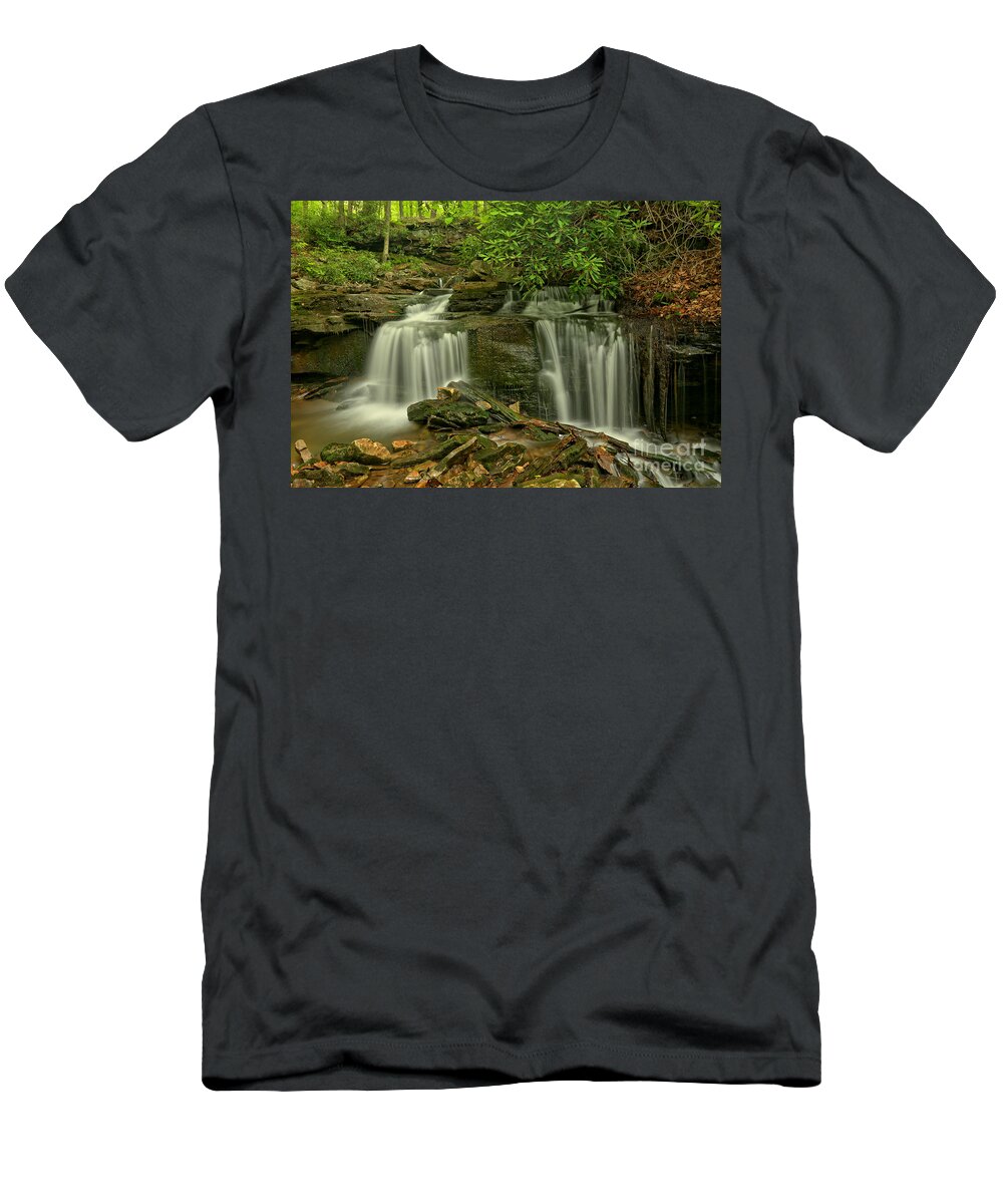 Cole Run Falls T-Shirt featuring the photograph Forbes State Forest Twin Falls by Adam Jewell