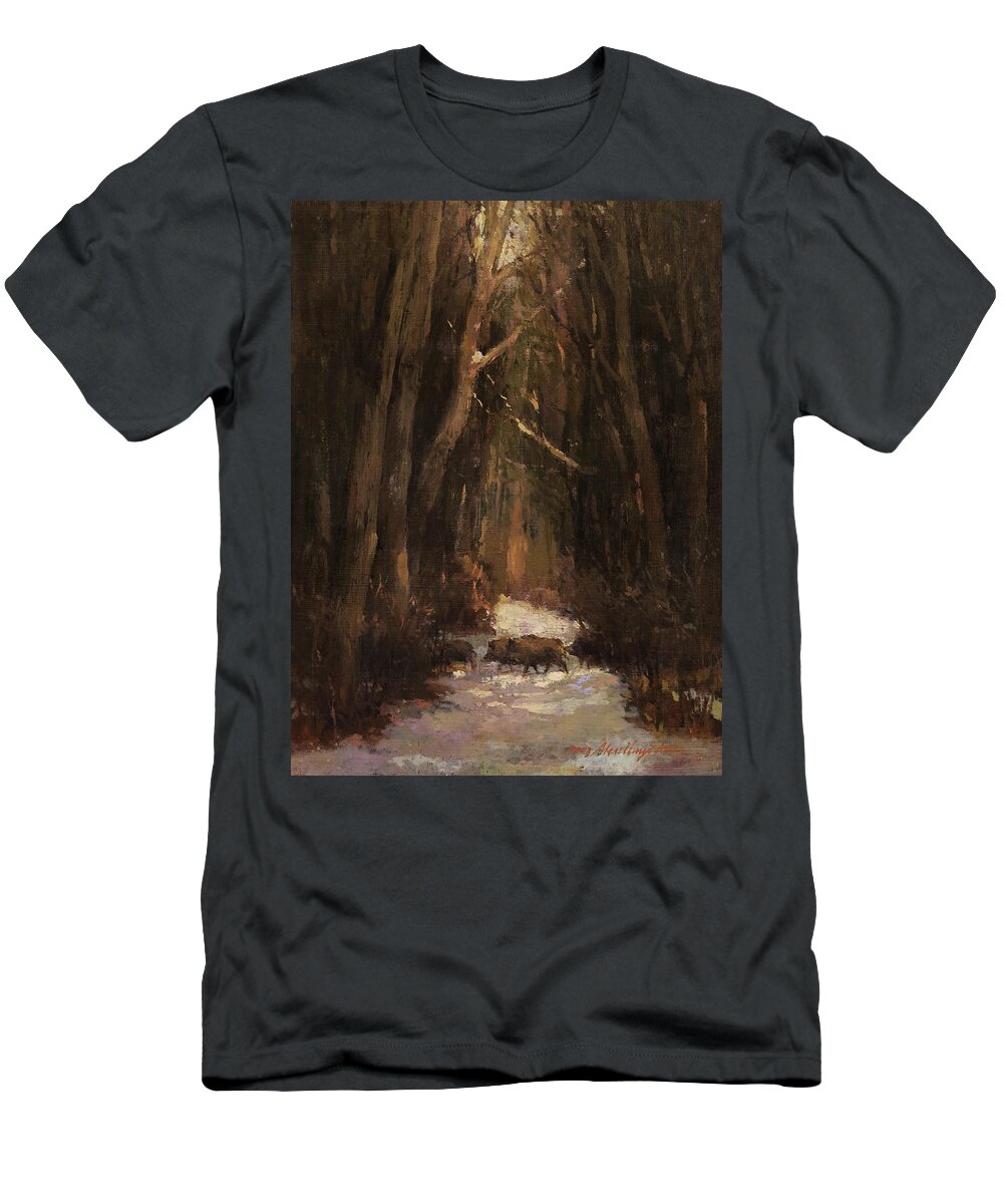 Boar T-Shirt featuring the painting Forest Road with Wild Boars by Attila Meszlenyi
