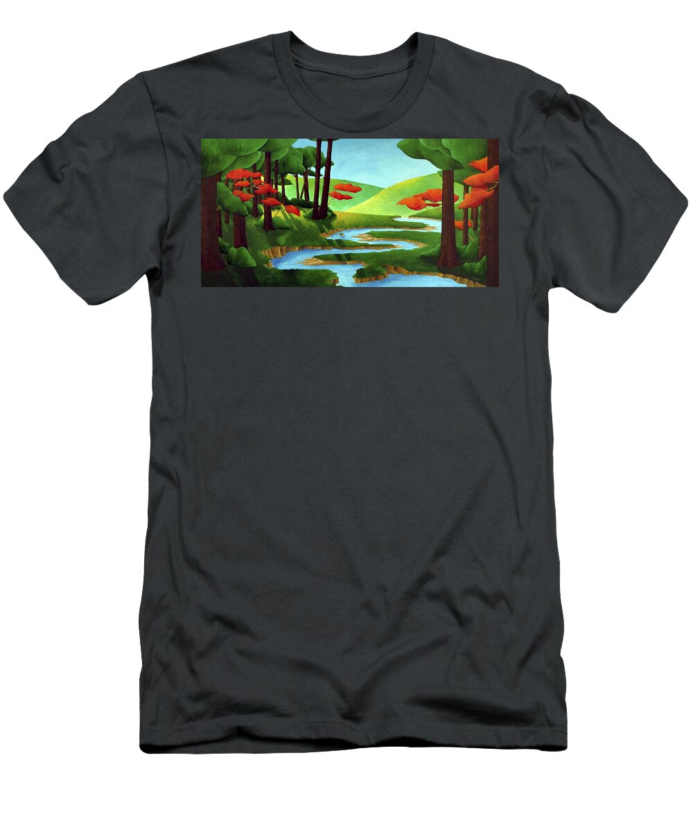 Landscape T-Shirt featuring the painting Forest Stream - Through The Forest Series by Richard Hoedl