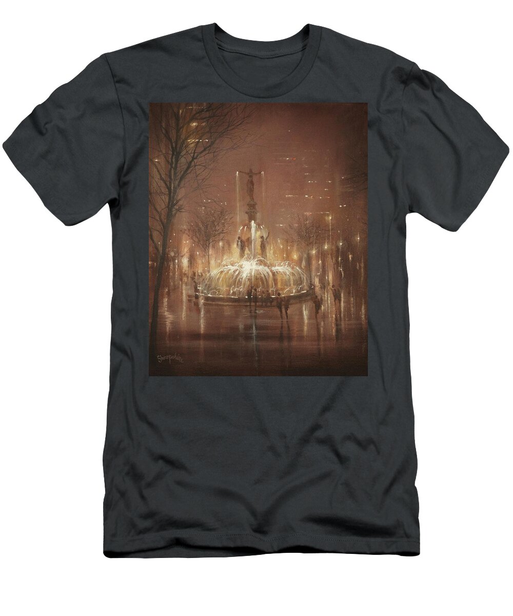 Fountain Square T-Shirt featuring the painting Fountain Square by Tom Shropshire
