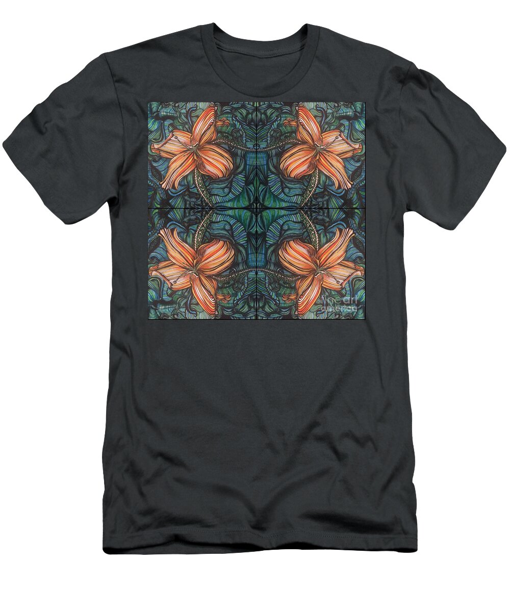 Orange T-Shirt featuring the drawing Four Lilies Leaf to Leaf by Mastiff Studios