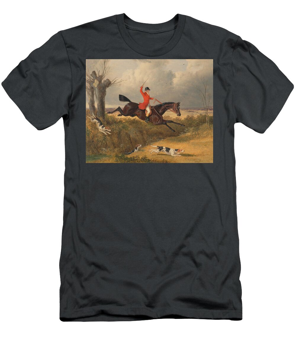 John Frederick Herring T-Shirt featuring the painting Fox hunting Clearing Ditch by Celestial Images