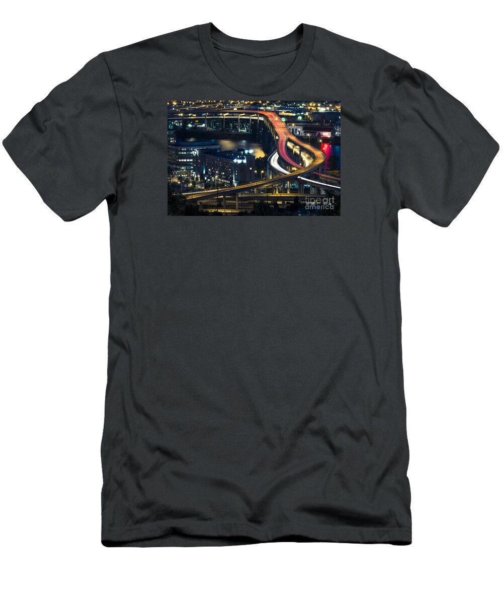 Scenics T-Shirt featuring the photograph Freeway Winds Through Portland, Oregon at Night by Bryan Mullennix