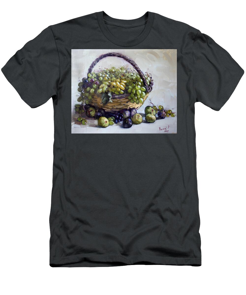 Grapes T-Shirt featuring the painting Fresh Grapes and Figs from Lida's Garden by Ylli Haruni