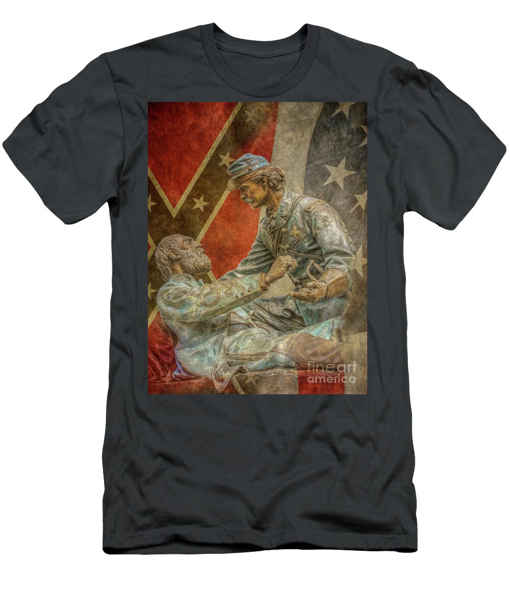 Friend To Friend T-Shirt featuring the digital art Friend to Friend Monument Gettysburg Flags by Randy Steele