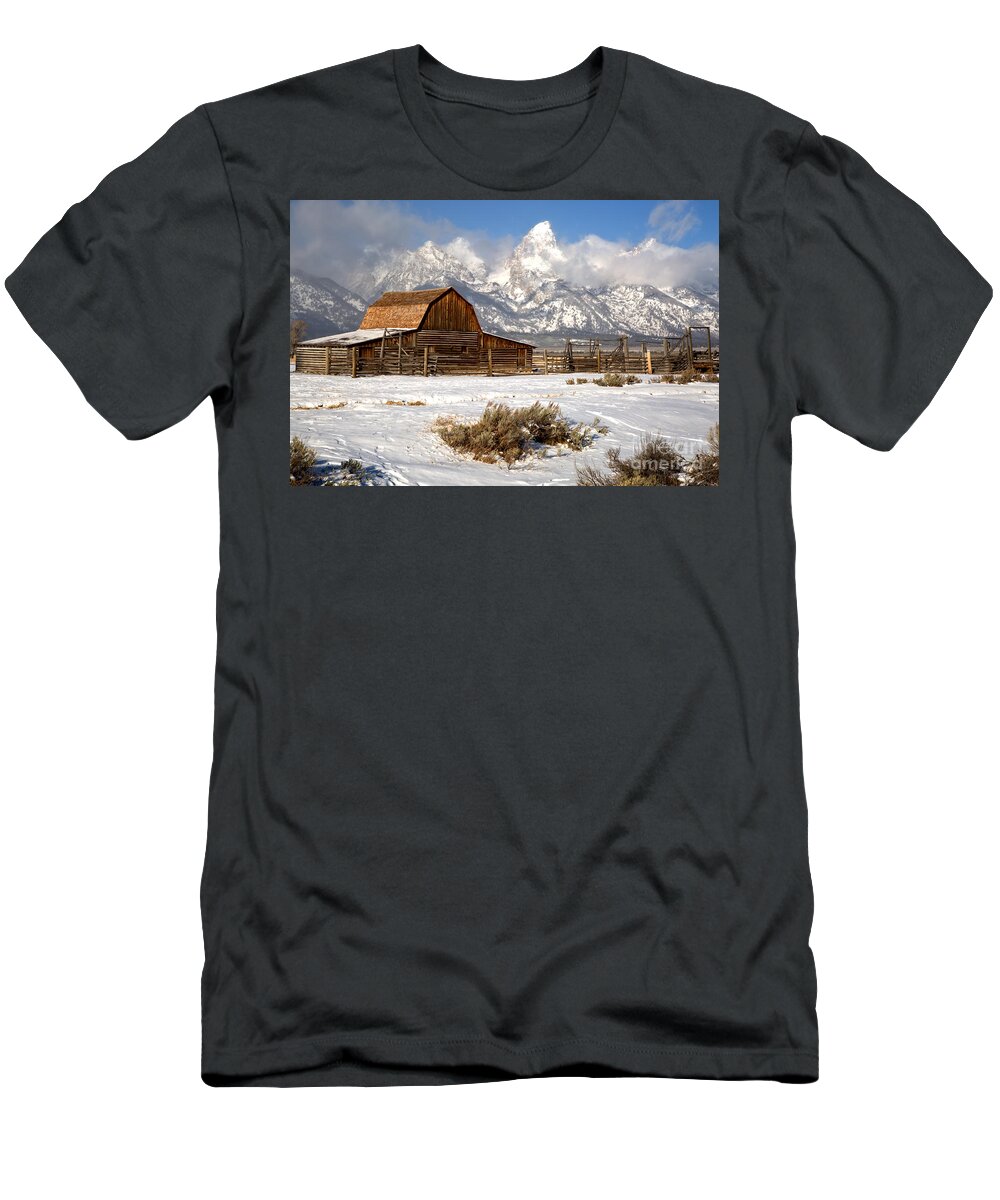 Teton Barn T-Shirt featuring the photograph Frigid Morning At The Moulton Barn by Adam Jewell