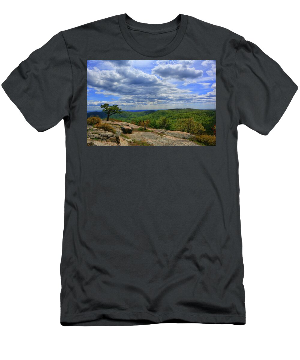 From Bear Mountain Looking At The Nyc Skyline T-Shirt featuring the photograph From Bear Mountain Looking at the NYC Skyline by Raymond Salani III