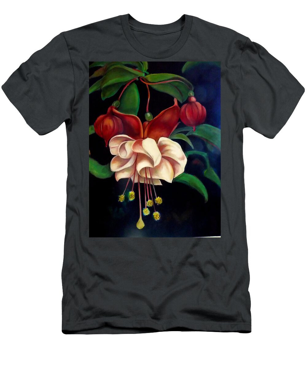Fuchsias Pink And Green T-Shirt featuring the painting Fuchsias by Irena Mohr