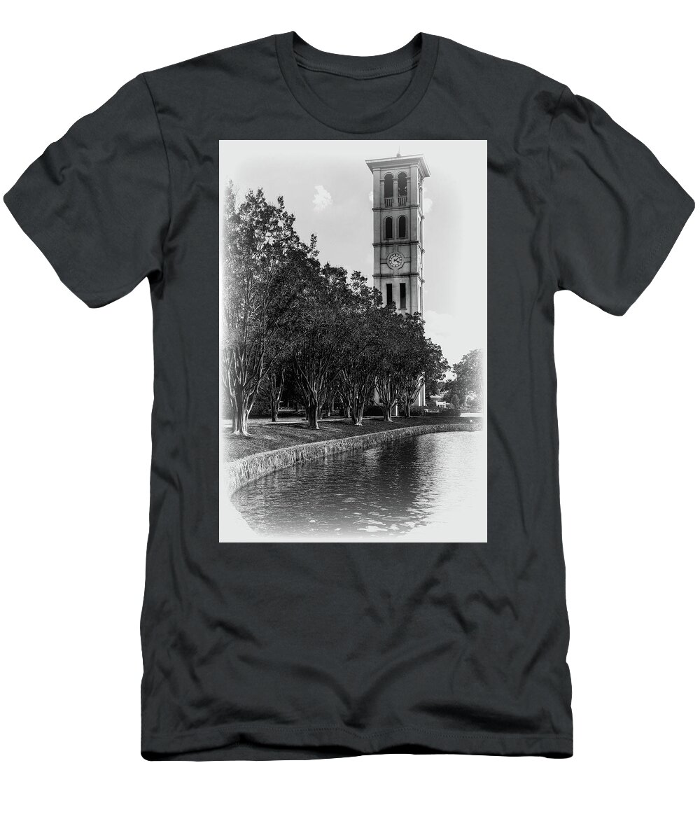Furman University Bell Tower South Carolina T-Shirt featuring the photograph Furman University Bell Tower Greenville South Carolina Black and White by Carol Montoya