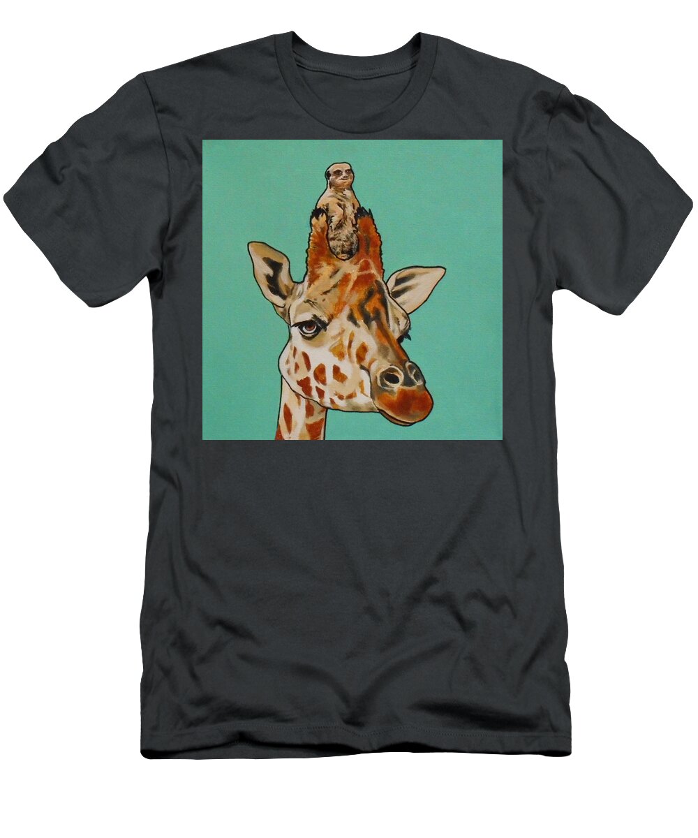 Giraffe And Meerkat T-Shirt featuring the painting Gerald the Giraffe by Sharon Cromwell