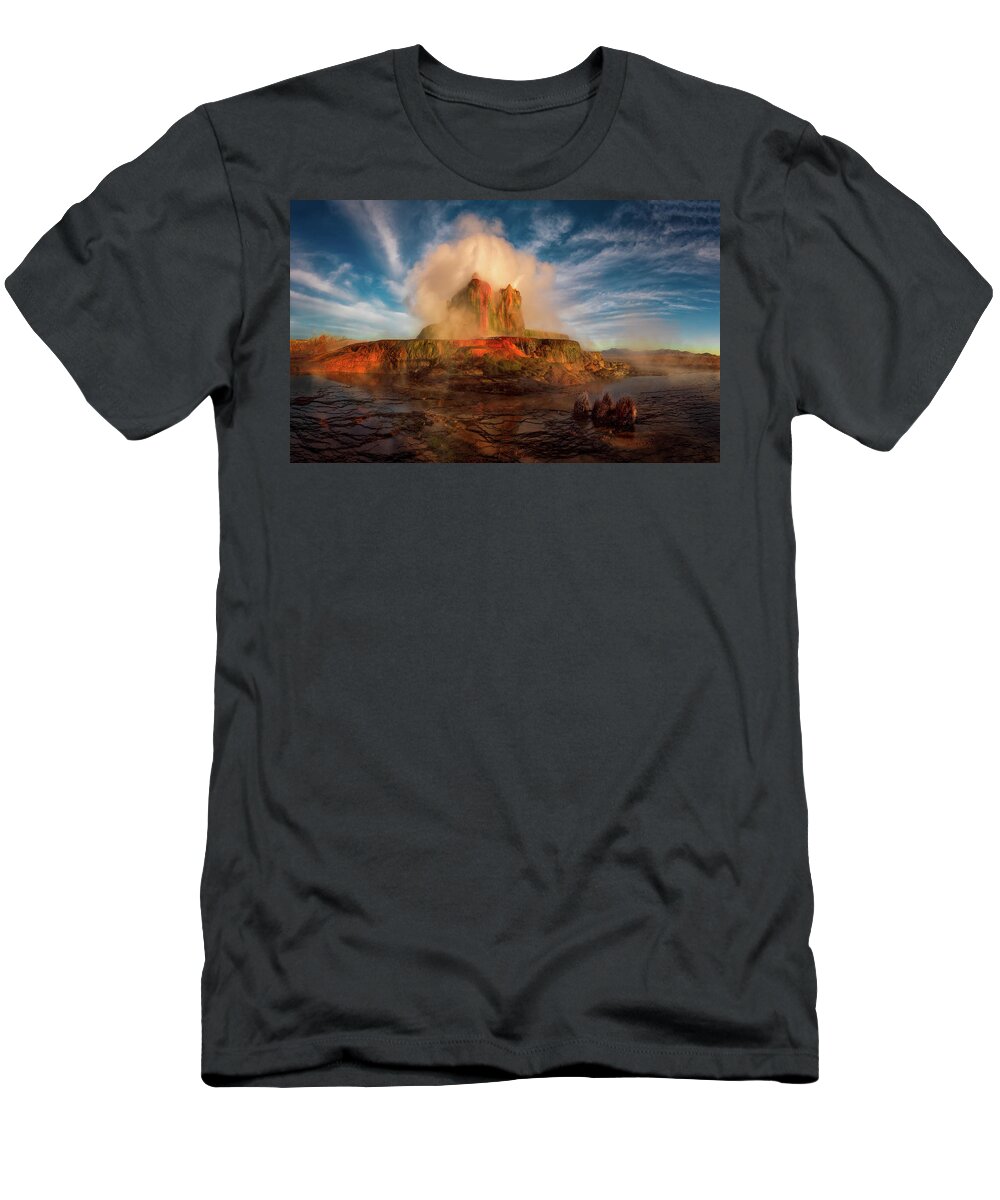 Geyser T-Shirt featuring the photograph Geyser Steams at Dawn by Dave Koch