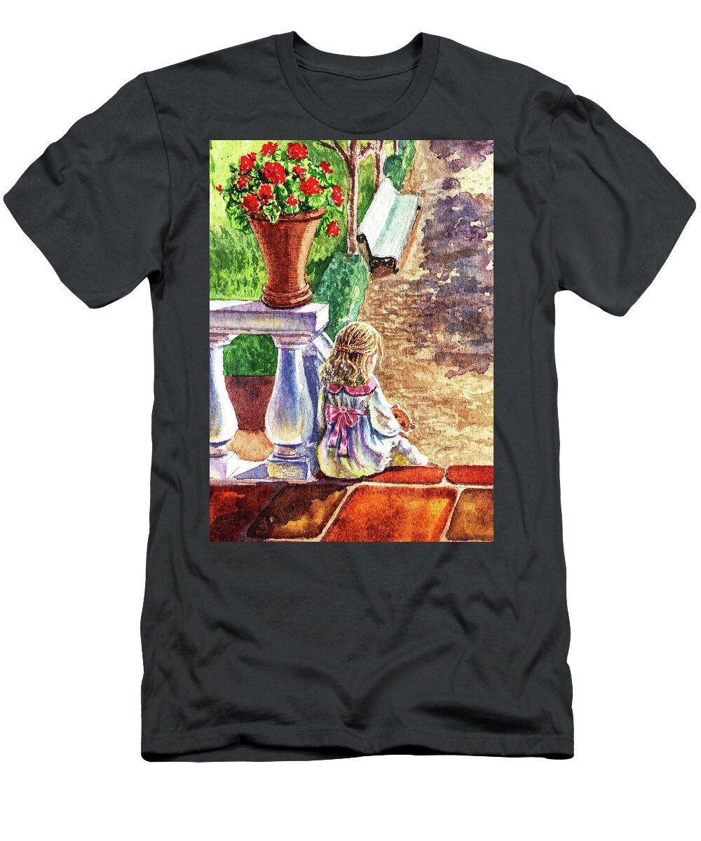 Girl T-Shirt featuring the painting Girl In The Garden With Teddy Bear by Irina Sztukowski