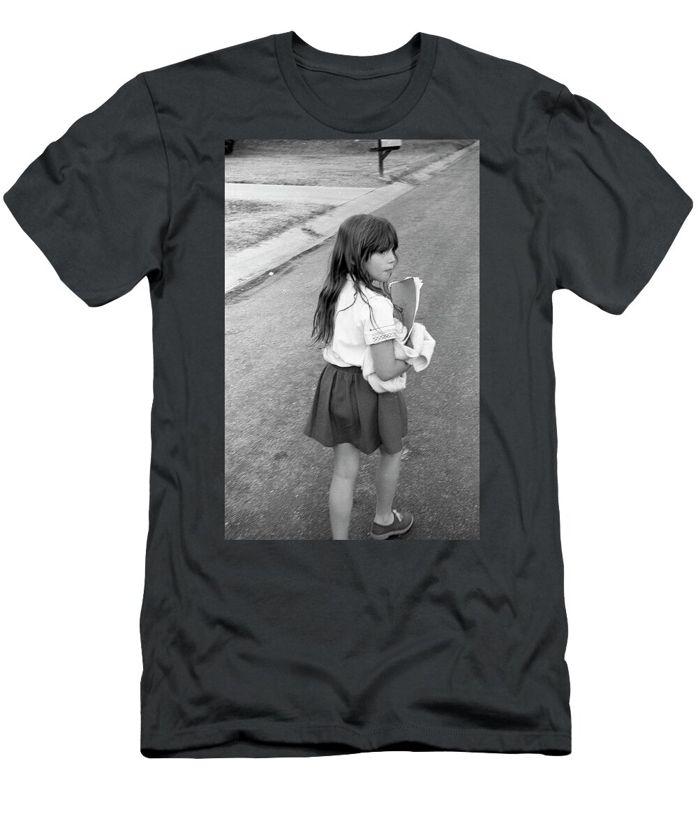 School T-Shirt featuring the photograph Girl Returns Home from School, 1971 by Jeremy Butler