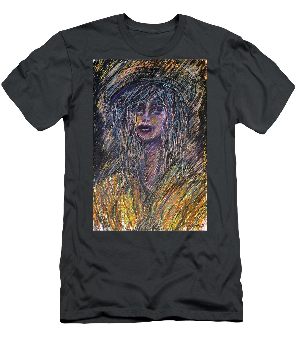 Original Art Pastel Chalk Drawing Long Hair Girl Hat T-Shirt featuring the pastel Girl with Hat by Katt Yanda