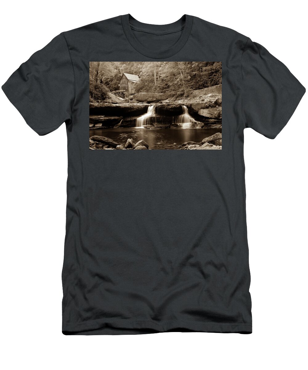 America T-Shirt featuring the photograph Glade Creek Grist Mill - West Virginia - Sepia by Gregory Ballos