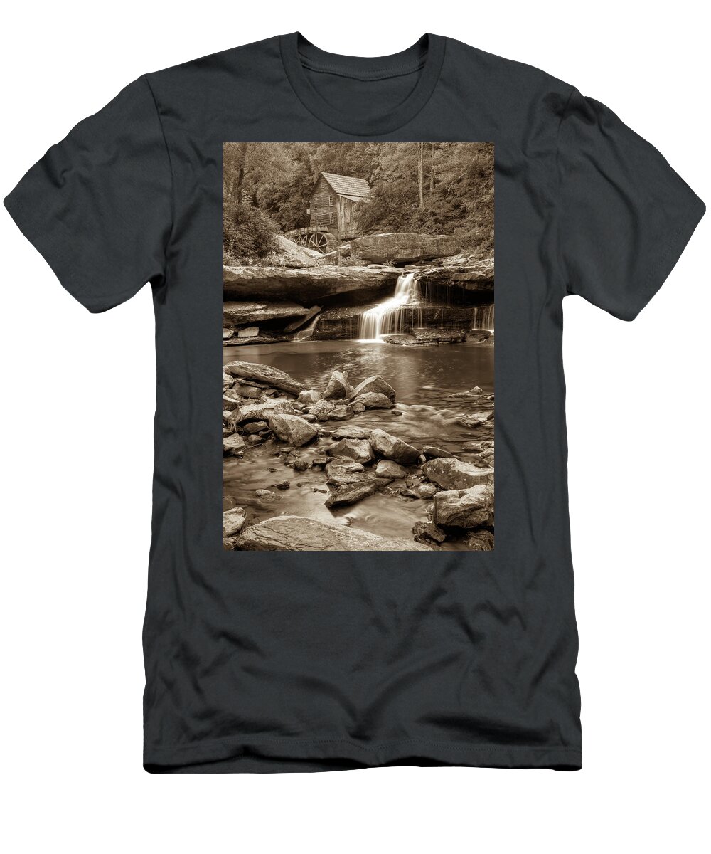 Glade Creek Mill T-Shirt featuring the photograph Glade Creek Mill - Babcock State Park - West Virginia - Sepia by Gregory Ballos